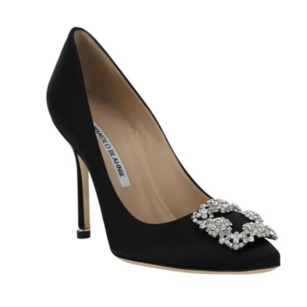 NEW MANOLO BLAHNIK Women's Hangisi 105 Jewel Rhinestone Buckle Pumps Black 8.5